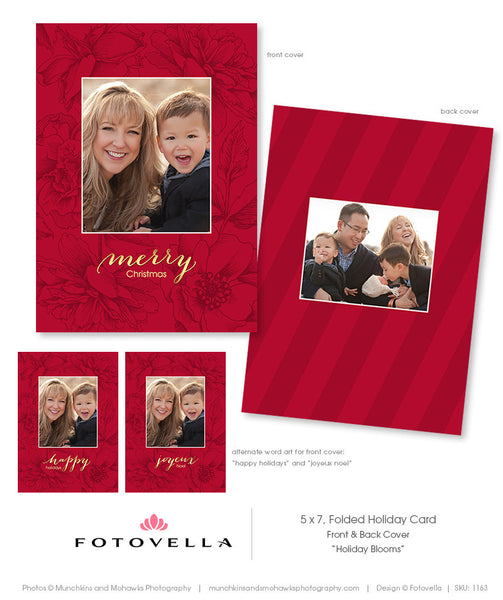 Christmas Card Template - Horizontal Folded 5x7 Card - Holiday Blooms -  BP4U Photographer Resources