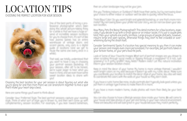 Pet Photography Location Planning Guide for Clients, Client Guide, Pet Welcome Guide