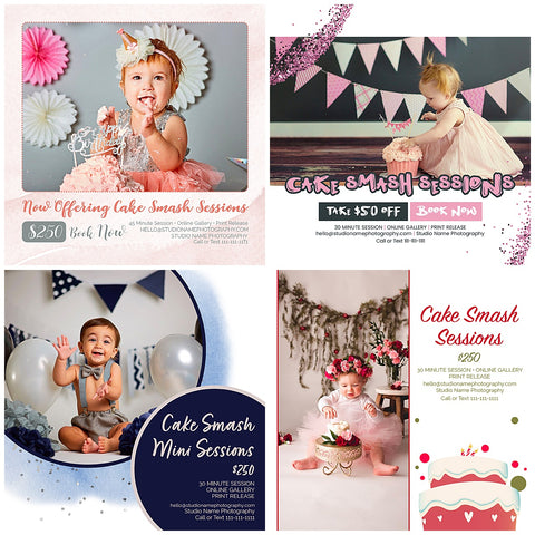 Cake Smash Sessions Marketing Templates for Photographers | Cake Smash Photography Mini Session Templates | PSD Templates