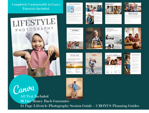 Lifestyle Photography Client Guide, Welcome Packet Template, Magazine Template, Session Planning Guide for Canva