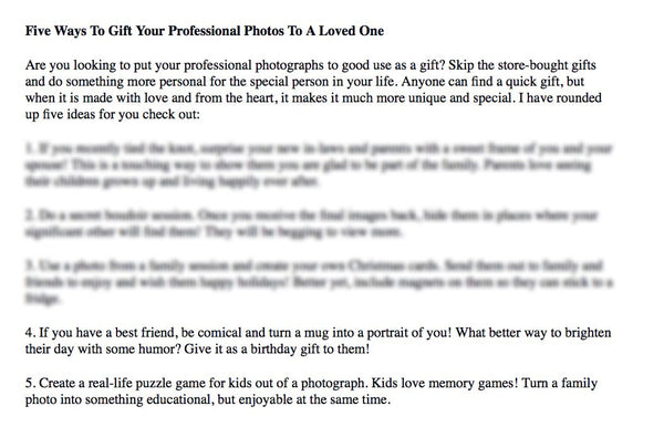 Prewritten Photography Content, Text For Your Photography Website, About Me Sections, Blogs, Emails + More!