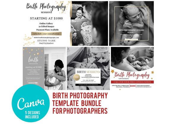 Birth Photography Session Marketing Templates for CANVA - 5 Piece Bundle