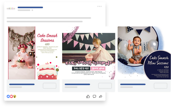 Cake Smash Sessions Marketing Templates for Photographers | Cake Smash Photography Mini Session Templates | PSD Templates