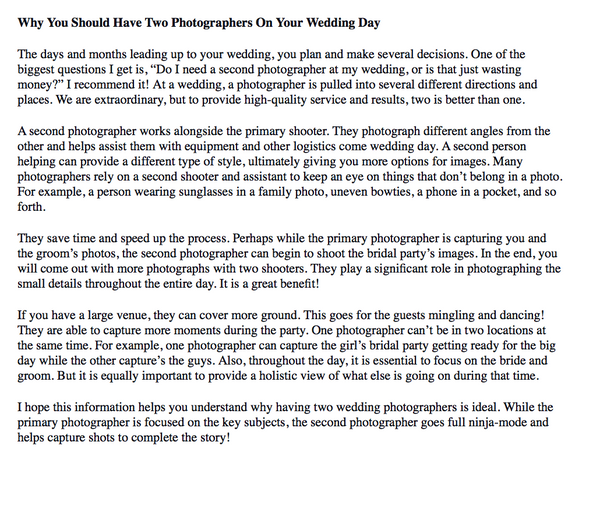 Wedding and Engagement Photography Prewritten Content Bundle: Prewritten Text for your Website, Newsletter, Emails + Blog!