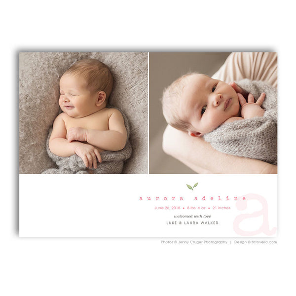 Birth Announcement Card Template - Boy or Girl Birth Announcement - Horizontal Flat Two-Sided Card - For Photographers - BABY ATTICUS - 1540