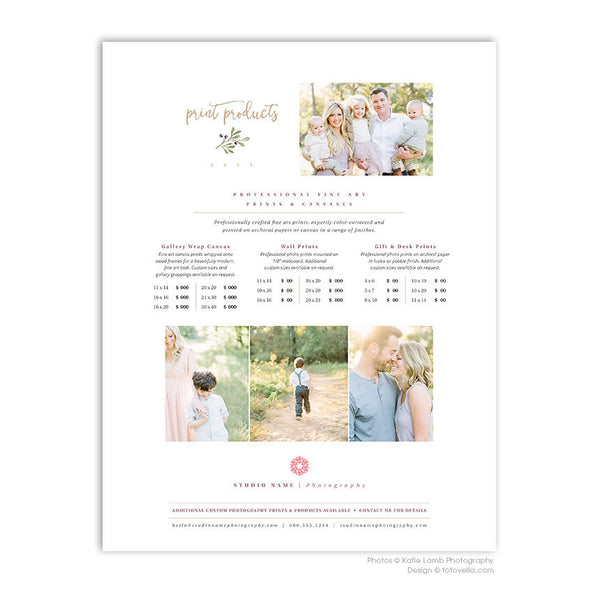 Photography Price List Templates - Portrait Photographer Pricing Guide - 4 Page Set - JOY - 1514