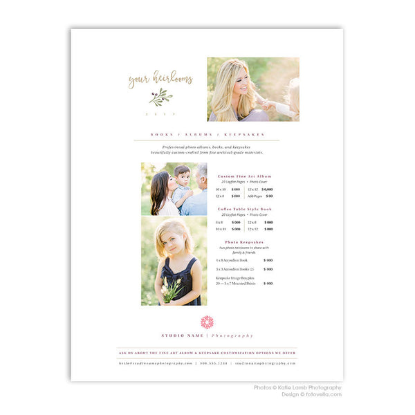 Photography Price List Templates - Portrait Photographer Pricing Guide - 4 Page Set - JOY - 1514