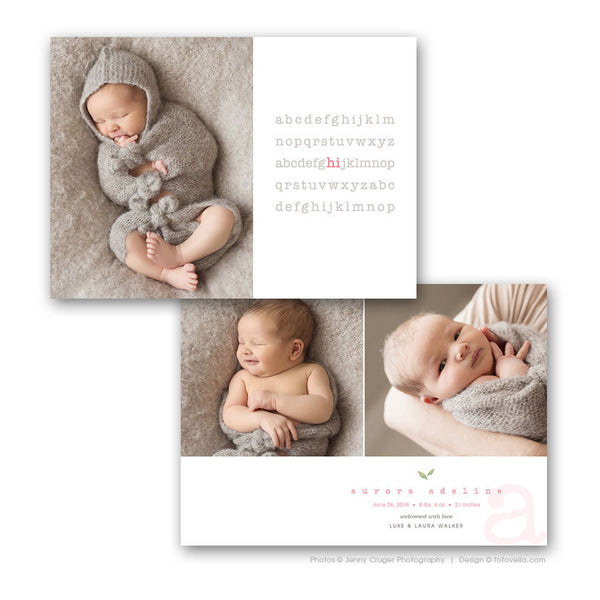 Birth Announcement Card Template - Boy or Girl Birth Announcement - Horizontal Flat Two-Sided Card - For Photographers - BABY ATTICUS - 1540