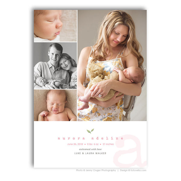 Birth Announcement Template - Baby Girl Announcement Card - Baby Boy Announcement Card - For Photographers - BABY AURORA - 1541