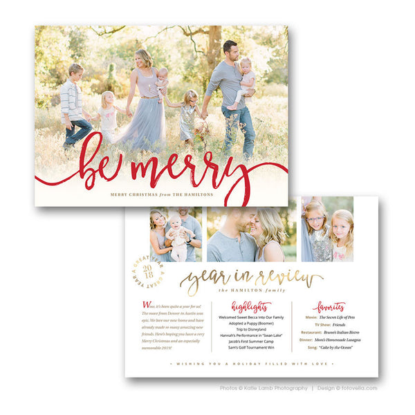 Year In Review Christmas Card - Holiday Newsletter Card Template - For Photographers - Photoshop Required - BE MERRY - 1587