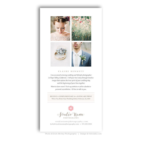 Photography Marketing Card - 4x8 Card - Promo Card Postcard Template - Wedding Photographer - BLISS - 1549