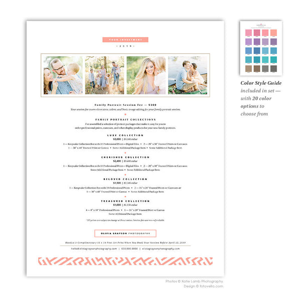 Family Photographer Pricing Guide - Four Piece Price List Template Set - 8.5x11 - OLIVIA - 1628