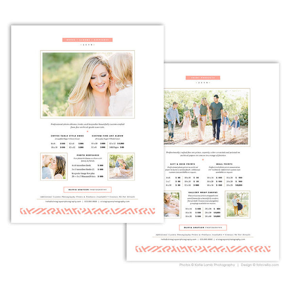 Family Photographer Pricing Guide - Four Piece Price List Template Set - 8.5x11 - OLIVIA - 1628