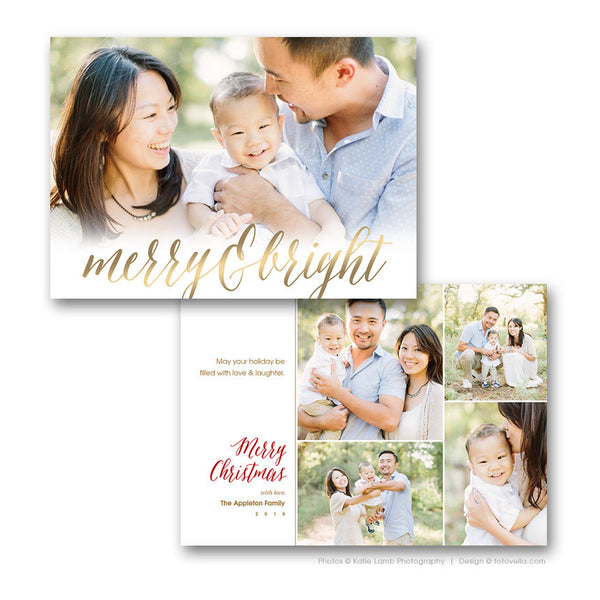 Holiday Photo Card Template - Christmas Card Template - For Photographers - Photoshop Required - MERRY & BRIGHT - 1600