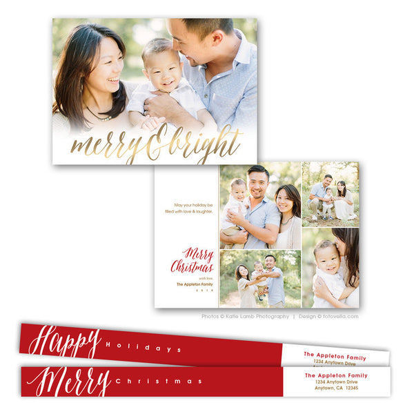 Holiday Photo Card Template - Christmas Card Template - For Photographers - Photoshop Required - MERRY & BRIGHT - 1600