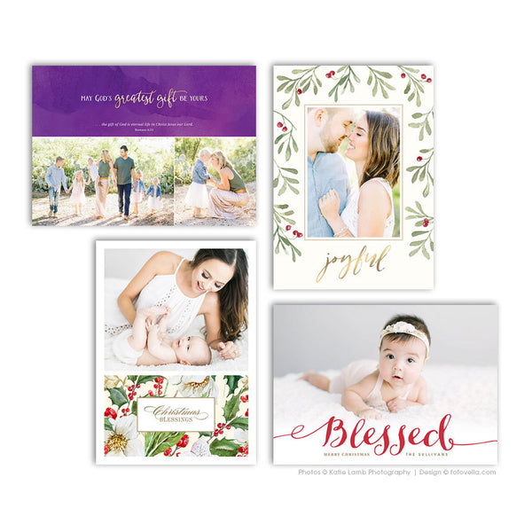 Christian Christmas Cards - Four Template Bundle For Photographers - Photoshop Required - BLESSED SEASON - 1607