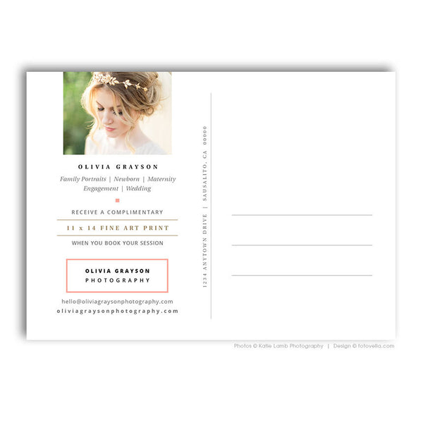 Photographer Post Card Photoshop Template - Photography 4x6 Marketing Postcard - OLIVIA - 1624