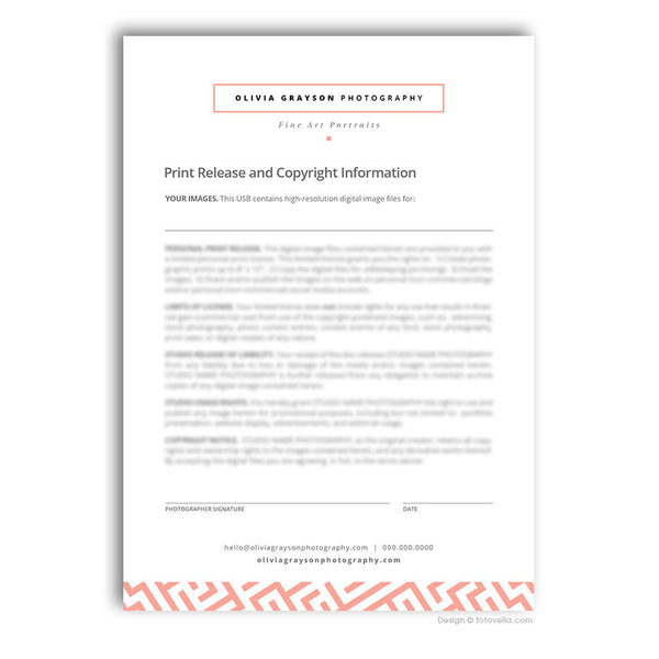 Photographer Print Release Template - Photography Print Release Copyright Guide 5x7 Photoshop Template - OLIVIA - 1629