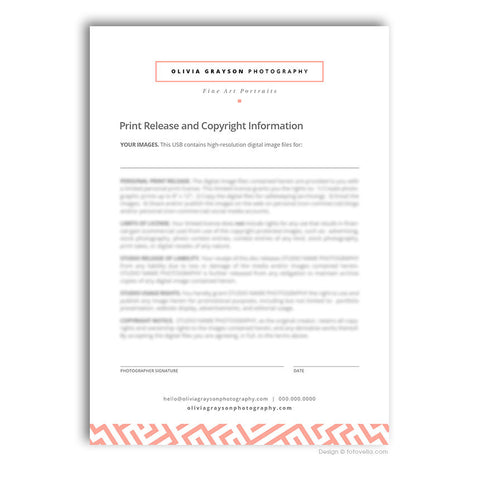 Photographer Print Release Template - Photography Print Release Copyright Guide 5x7 Photoshop Template - OLIVIA - 1629