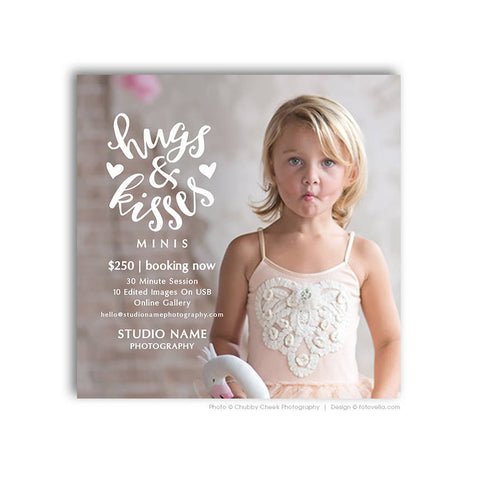 Valentine's Day Mini Session Marketing Template - Valentine's Sessions Digital Social Media Promo Card - HUGS & KISSES - 1695