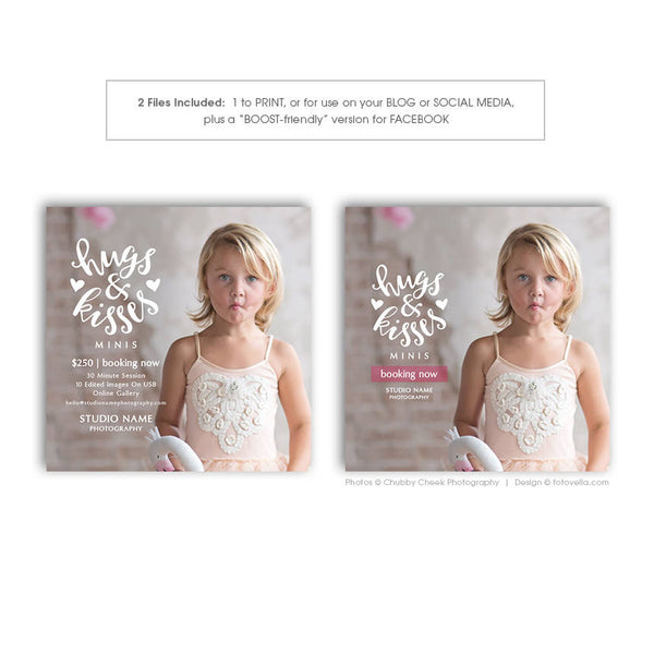Valentine's Day Mini Session Marketing Template - Valentine's Sessions Digital Social Media Promo Card - HUGS & KISSES - 1695