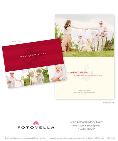 Christmas Card Template - Horizontal Folded 5x7 Card - Holiday Blooms Collection  - 1164