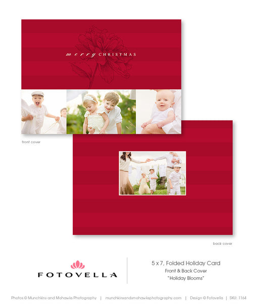 Christmas Card Template - Horizontal Folded 5x7 Card - Holiday Blooms Collection  - 1164