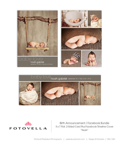 Baby Boy Birth Announcement Template - Card and Facebook Cover Bundle - Noah - 1305