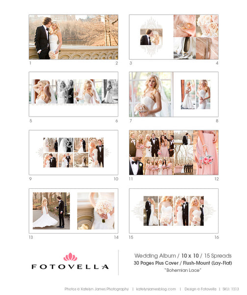 Album Template - 10x10 Flush-Mount Wedding Photo Album for Pro Photographers - BOHEMIAN LACE - 1313