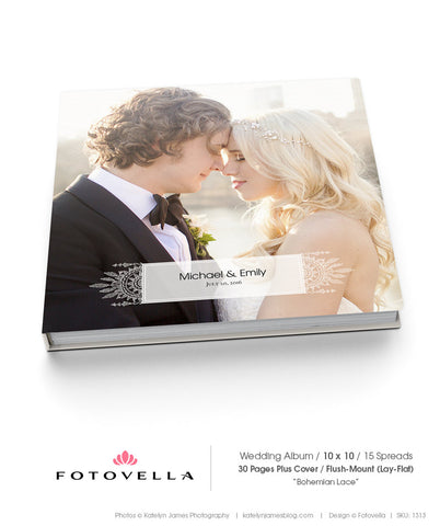 Album Template - 10x10 Flush-Mount Wedding Photo Album for Pro Photographers - BOHEMIAN LACE - 1313