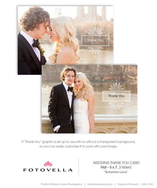 Wedding Thank You Card - 5x7 Flat Card Template - Bohemian Lace - 1314