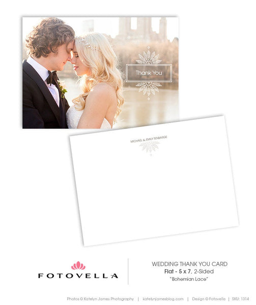 Wedding Thank You Card - 5x7 Flat Card Template - Bohemian Lace - 1314