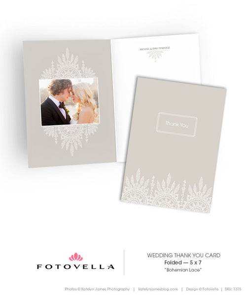 Wedding Thank You Card - 5x7 Vertical Folded Card - Bohemian Lace - 1315