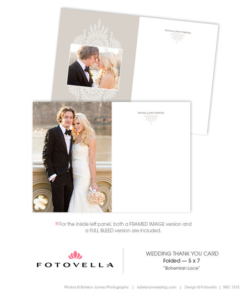 Wedding Thank You Card - 5x7 Vertical Folded Card - Bohemian Lace - 1315