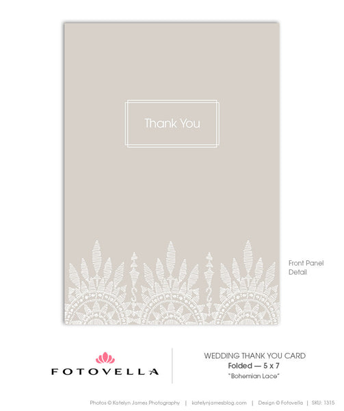 Wedding Thank You Card - 5x7 Vertical Folded Card - Bohemian Lace - 1315