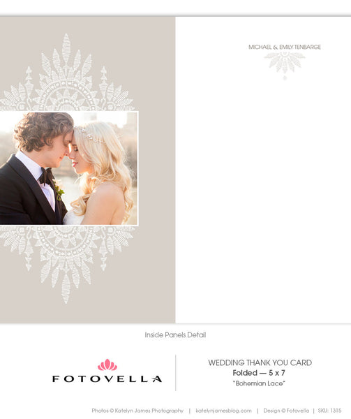 Wedding Thank You Card - 5x7 Vertical Folded Card - Bohemian Lace - 1315