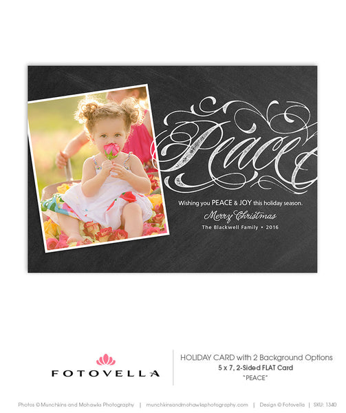 Christmas Card Template - Chalkboard or Kraft Background - 5x7 Flat Card Photoshop Template - Peace - 1340