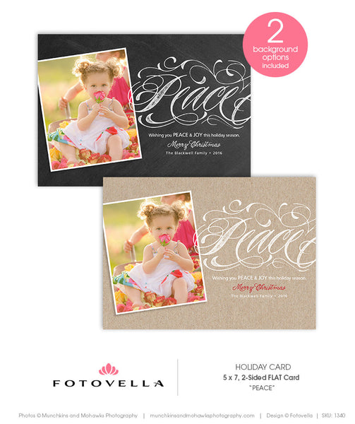 Christmas Card Template - Chalkboard or Kraft Background - 5x7 Flat Card Photoshop Template - Peace - 1340