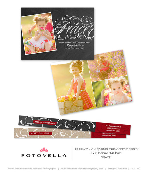 Christmas Card Template - Chalkboard or Kraft Background - 5x7 Flat Card Photoshop Template - Peace - 1340