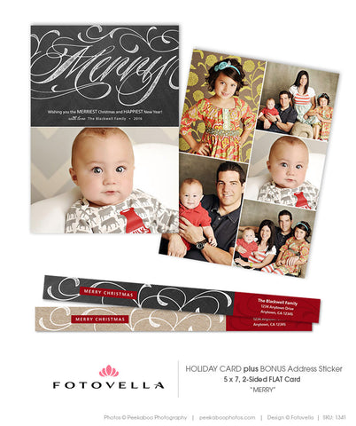 Christmas Card Template - Chalkboard Background or Kraft Paper Background - Flat 5x7 Card - Merry - 1341