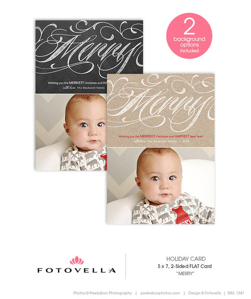Christmas Card Template - Chalkboard Background or Kraft Paper Background - Flat 5x7 Card - Merry - 1341