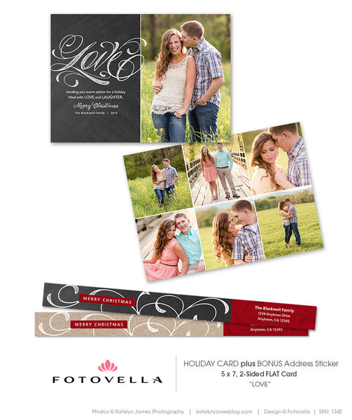 Christmas Card Template - Chalkboard Background or Kraft Paper - Flat 5x7 Card - Love - 1342