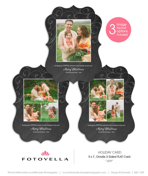 Christmas Card Template - Ornate 5x7 Card - Chalkboard or Kraft Paper Background - JOY - 1343
