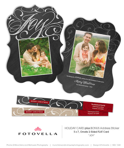 Christmas Card Template - Ornate 5x7 Card - Chalkboard or Kraft Paper Background - JOY - 1343