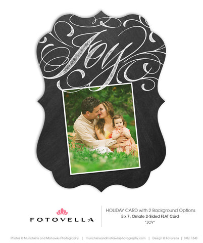 Christmas Card Template - Ornate 5x7 Card - Chalkboard or Kraft Paper Background - JOY - 1343