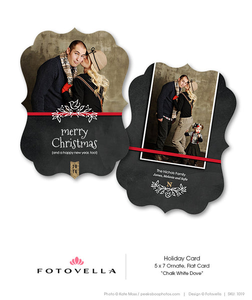 Christmas Card Template - Chalkboard Style Ornate Card - Chalk White Dove - 1019