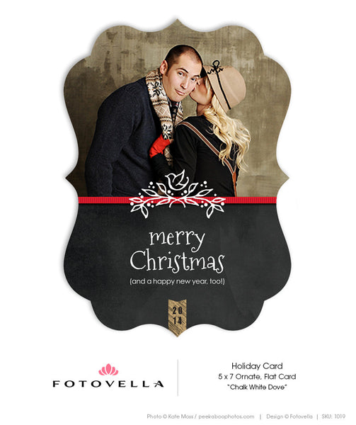 Christmas Card Template - Chalkboard Style Ornate Card - Chalk White Dove - 1019