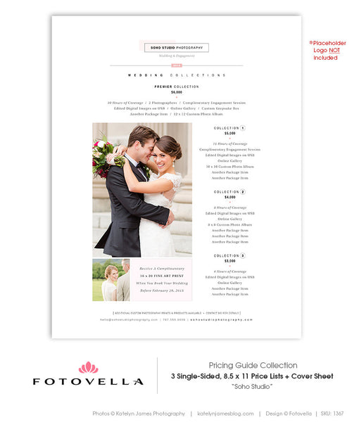 Photography Price List Templates - 8.5x11 Packages, Prints, Albums - 4 Piece Set - SOHO Studio - 1367