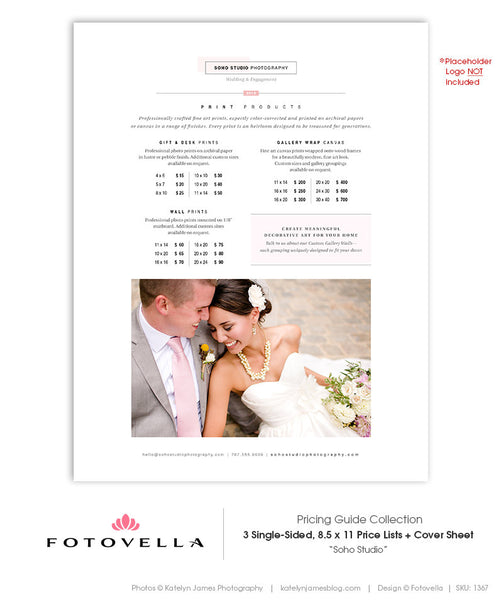 Photography Price List Templates - 8.5x11 Packages, Prints, Albums - 4 Piece Set - SOHO Studio - 1367