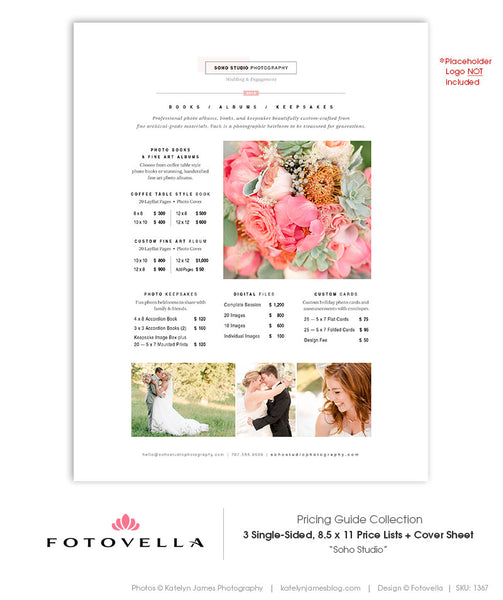 Photography Price List Templates - 8.5x11 Packages, Prints, Albums - 4 Piece Set - SOHO Studio - 1367